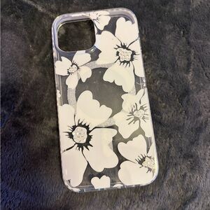 Pink sky iPhone 14 Clear Floral Phone Case with grey  and White Design
